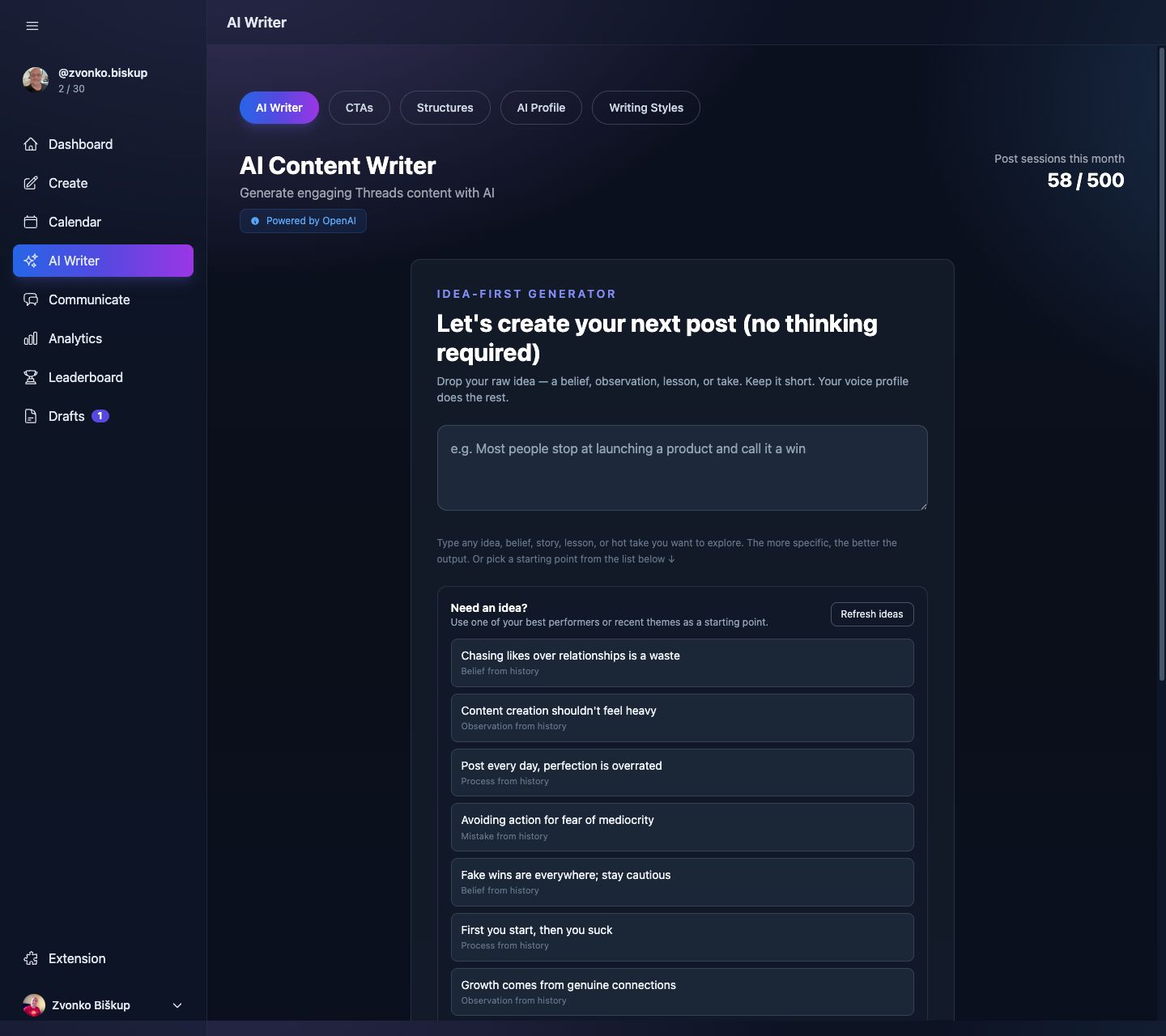 MomentumHive AI Writer showing the idea-first generator and suggested starting ideas