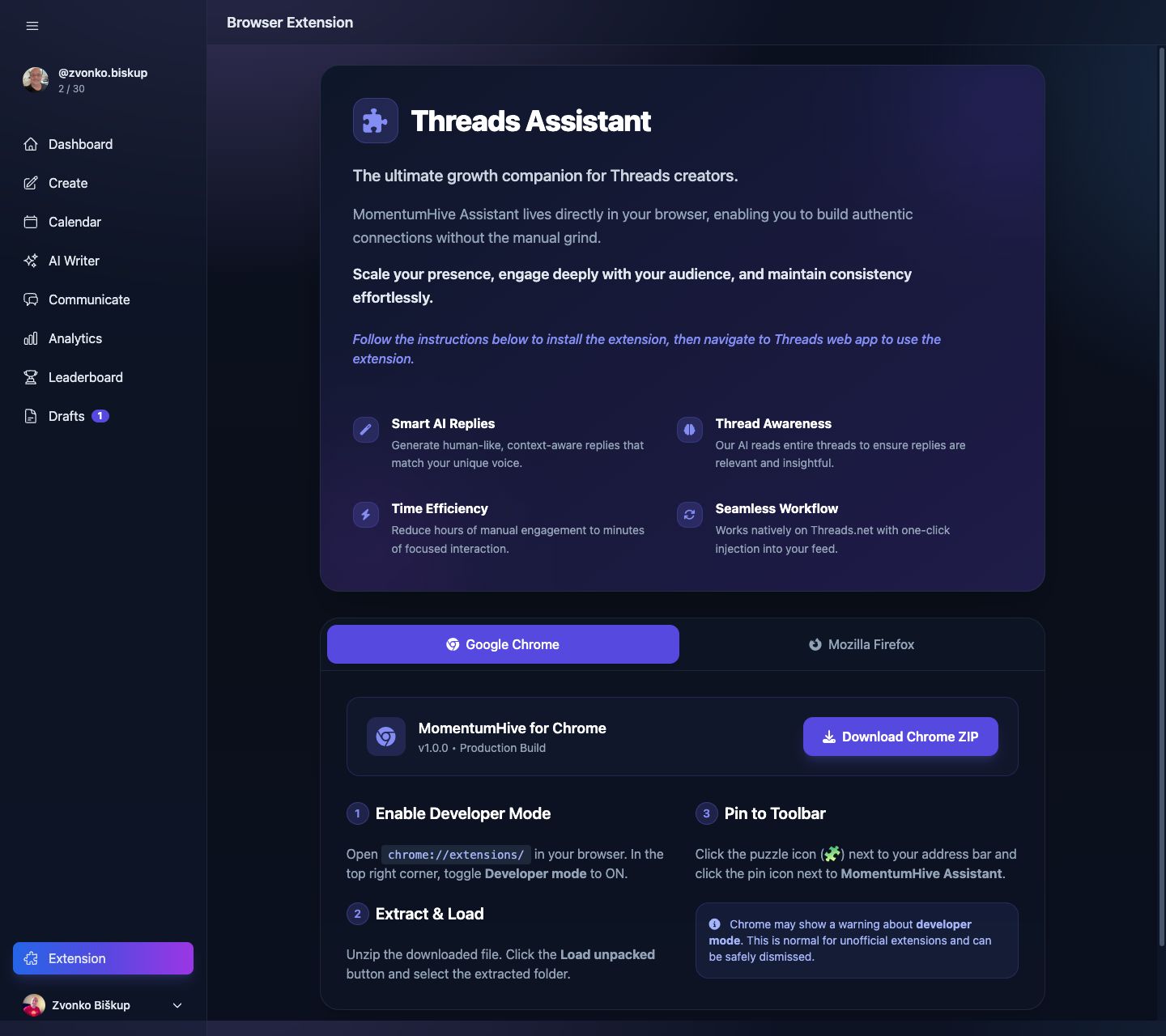 MomentumHive browser extension page with Threads Assistant overview and Chrome installation steps