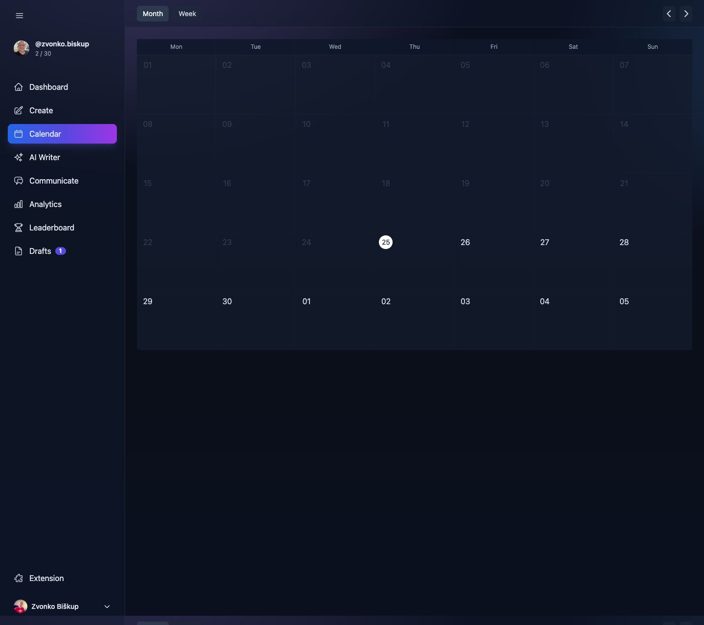 MomentumHive calendar page showing month and week toggles with the monthly scheduling grid