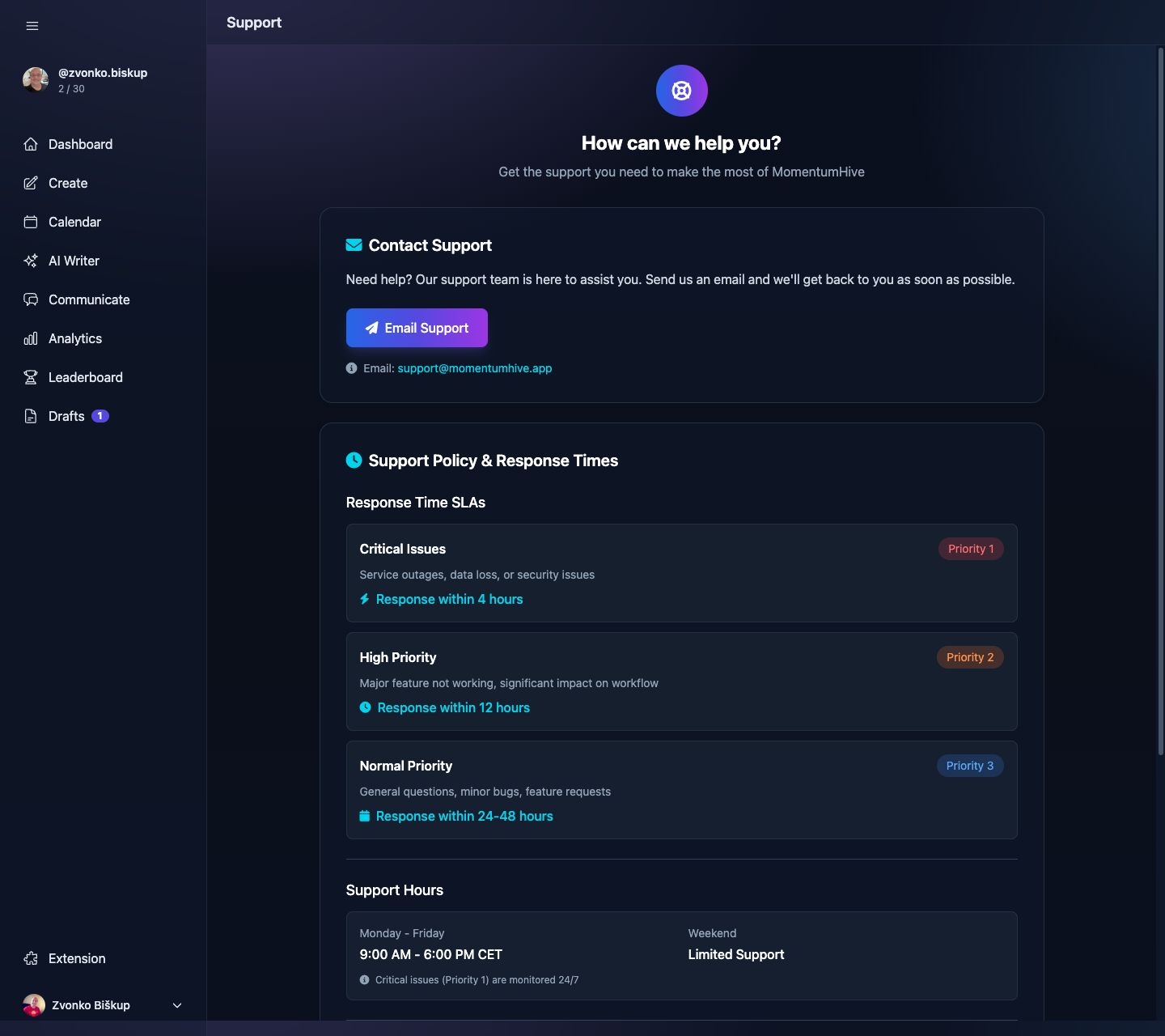 MomentumHive support page with contact support card and published response times