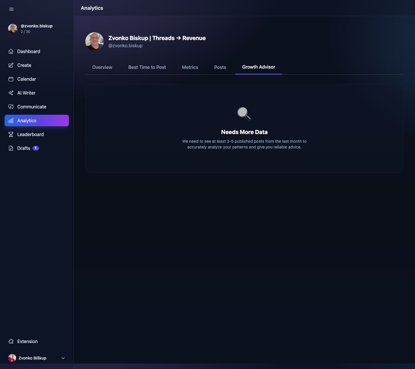 MomentumHive Analytics Growth Advisor tab