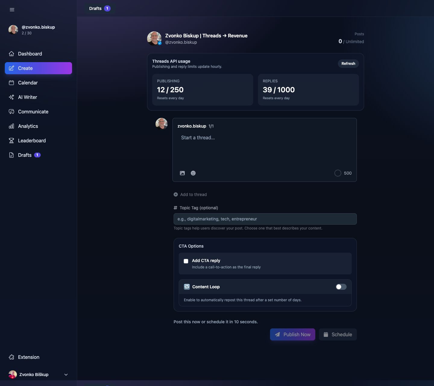 MomentumHive Create screen with CTA options, the place where Momentum Drop is configured