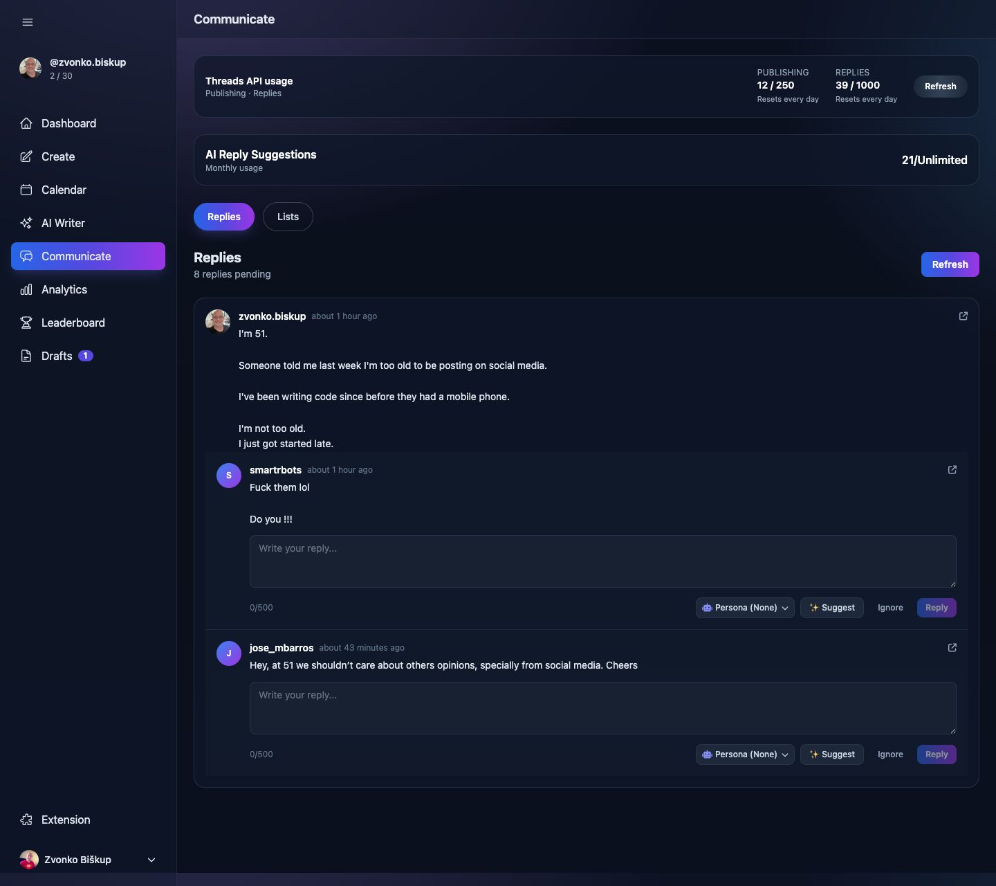 MomentumHive Communicate page with replies queue, inline reply boxes, and AI suggestion controls