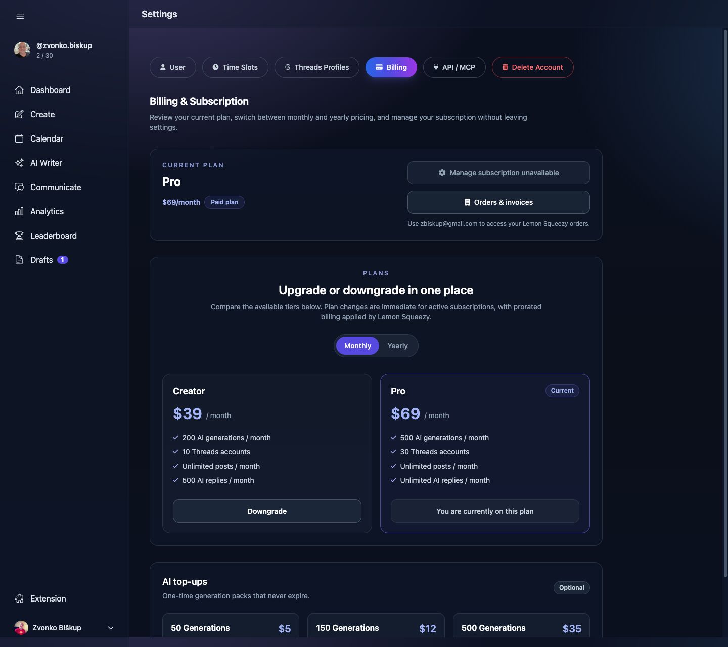 MomentumHive billing settings showing the current plan, available plans, and AI top-up packs