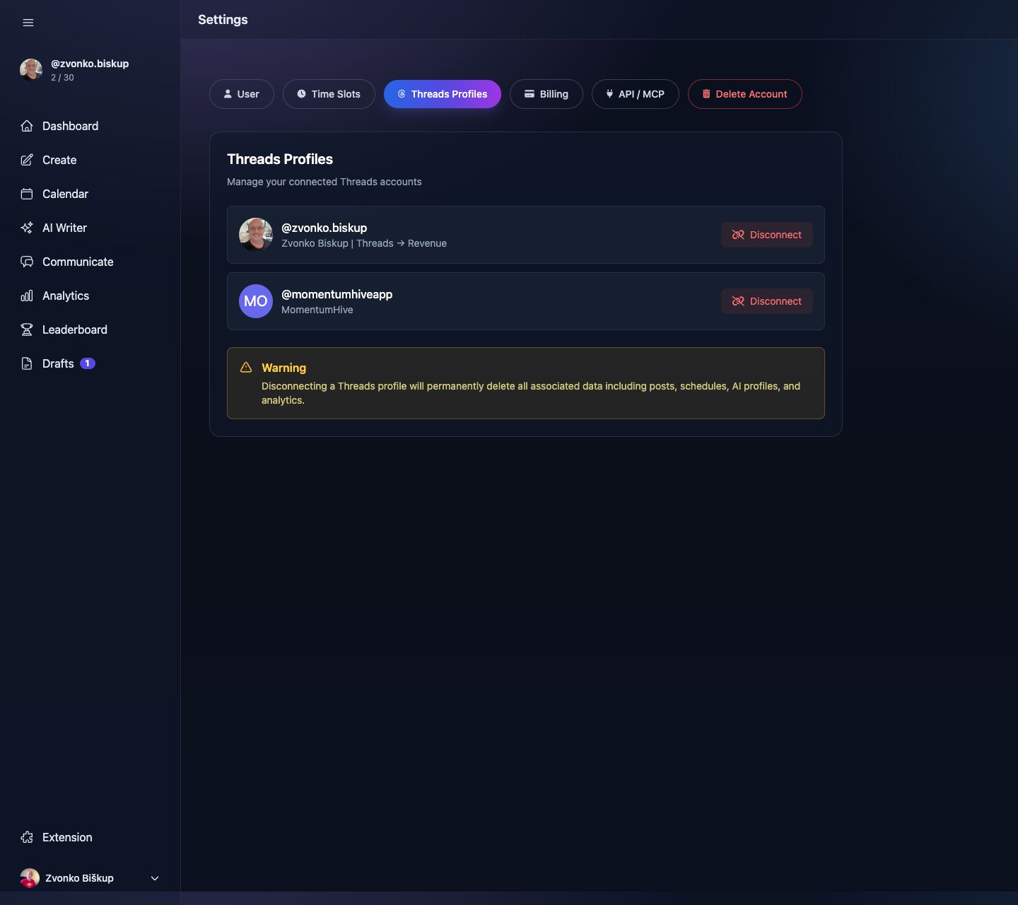 MomentumHive settings showing the Threads Profiles management section