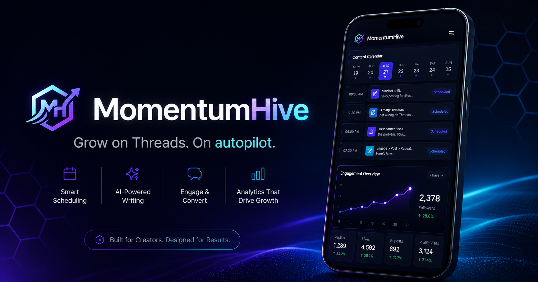 MomentumHive — schedule, analyse, and grow your Threads audience with AI